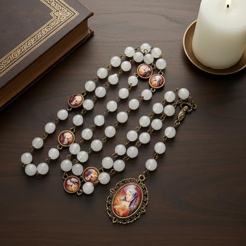 Nazareth Store Our Lady of Sorrows Stone Beads Rosary Solid Beaded Chaplet Necklace with Epoxy 7 Seven Sorrows Medallion - color: Clear Agate