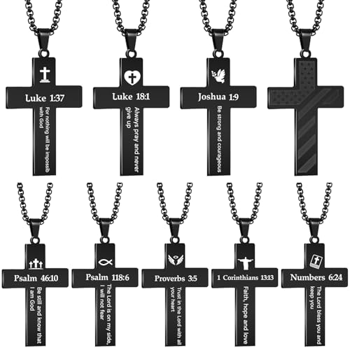 Ecally 8 Pcs Christian Cross Necklace for Men Father Religious Black Silver Stainless Steel Cross Church Gift USA Flag Chain - color: Black