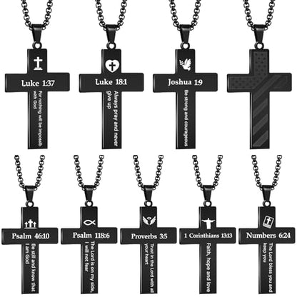 Ecally 8 Pcs Christian Cross Necklace for Men Father Religious Black Silver Stainless Steel Cross Church Gift USA Flag Chain - color: Black