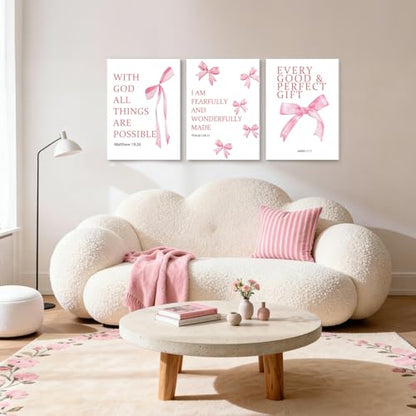 NCCXNCC 3Pcs Coquette Pink College Style Bow Canvas Wall Art 12x16 Inch - color: Bible Pink Bow, size: 12×16inch