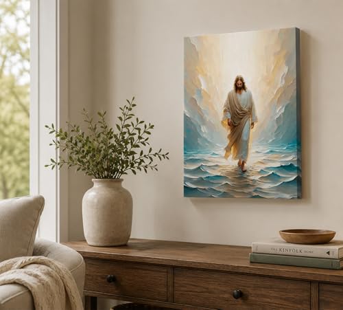 CXKAWM Jesus Wall Art, Walking On Water Canvas Prints, 16"x24" - color: Jesus Walking Wrapped Canvas, size: 16x24in