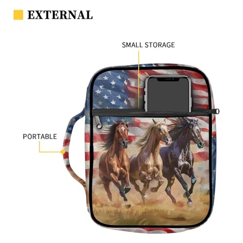 Suobstales American Flag Horse Print Bible Covers for Women Men,Carrying Book Bible Case Church Bag Lightweight Bible Bag Bible Protective with Handle and Zippered Pocket - color: American Flag Horse
