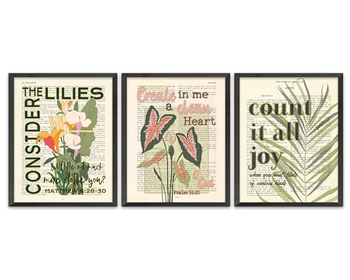 Green Plant Boho Bible Verse Set of 3 Art Prints, UNFRAMED, Matthew 6:28, James 1 2, Psalm 51 10, Vintage Bible Page Verse Scripture, Floral Christian Wall and Home Decor Poster, 8x10 Inches