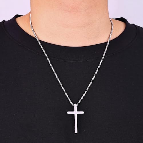 Fiusem Cross Necklace for Men, Stainless Steel Cross Pendant STXL023 - color: Silver, size: 24", style: JOSHUA 1:9