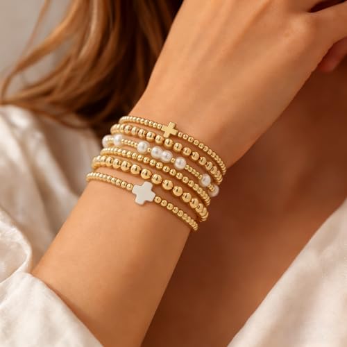 Gold Bracelets for Women Jewelry - Easter Basket Stuffers, Cross/Pearl/Beaded Bracelets Set, Dainty 14K Gold Plated Beaded Bracelets Stack, Birthday Easter Gifts for Women - color: 2Cross+3Bead+1Pearl