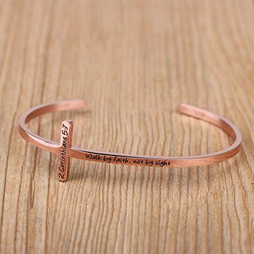 Memgift 𝐂𝐫𝐨𝐬𝐬 𝐁𝐫𝐚𝐜𝐞𝐥𝐞𝐭 Religious Cuff Bangle 𝐁𝐢𝐛𝐥𝐞 𝐕𝐞𝐫𝐬𝐞 Christian Gifts Jewelry for 𝐖𝐨𝐦𝐞𝐧 - style: Rose gold-Walk by faith, not by sight -2 Corinthians 5:7