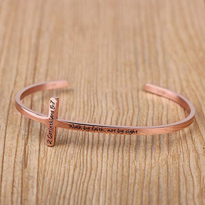 Memgift 𝐂𝐫𝐨𝐬𝐬 𝐁𝐫𝐚𝐜𝐞𝐥𝐞𝐭 Religious Cuff Bangle 𝐁𝐢𝐛𝐥𝐞 𝐕𝐞𝐫𝐬𝐞 Christian Gifts Jewelry for 𝐖𝐨𝐦𝐞𝐧 - style: Rose gold-Walk by faith, not by sight -2 Corinthians 5:7