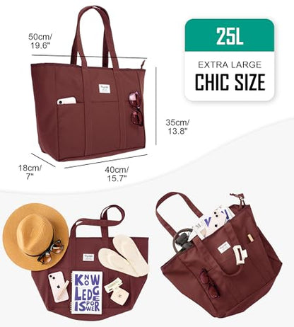 Bagelite Extra Large Canvas Tote Bag for Women Men, Utility Work Bags with Zipper - color: Red Wine