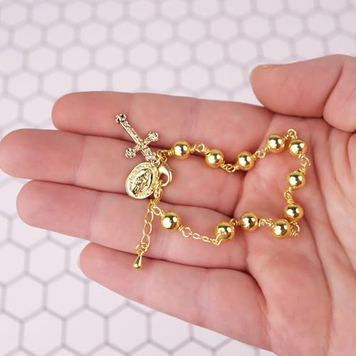 Needzo Gold Tone First Communion Rosary Bracelet, Beaded Chain with Cross and Miraculous Medal Charms, Catholic Religious Gift Keepsake for Eucharist or RCIA