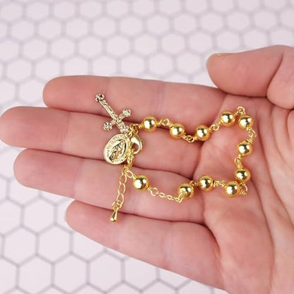 Needzo Gold Tone First Communion Rosary Bracelet, Beaded Chain with Cross and Miraculous Medal Charms, Catholic Religious Gift Keepsake for Eucharist or RCIA