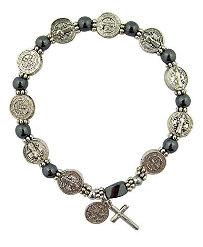 CB Silver Tone Saint Benedict Medal Hematite Bead Rosary Bracelet, 7 1/2 Inches