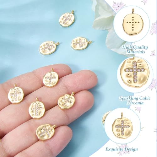 10Pcs Cross Charms for Jewelry Making Flat Irregular Religious Christianity Crystal 18K Gold Plated Charms Brass Cubic Zirconia Pendants for Earring Bracelet Necklace DIY Supplies