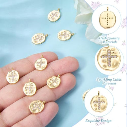 10Pcs Cross Charms for Jewelry Making Flat Irregular Religious Christianity Crystal 18K Gold Plated Charms Brass Cubic Zirconia Pendants for Earring Bracelet Necklace DIY Supplies