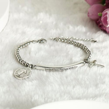 DS Women Christian Charm Bracelet,Cross Scripture Stainless Steel Jewelry - style: Do not fear for,I am with you-Silver