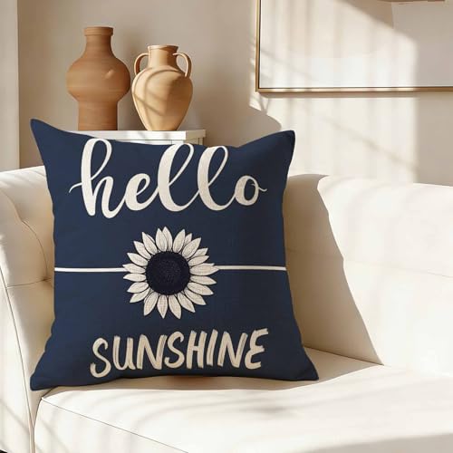 Cheerful Summer Floral Throw Pillow Cover,Hello Sunshine Sunflower Decorative Pillow Case,Navy Blue Background Cotton Linen Cushion Case for Home Decor 18 * 18 Inch - color: Settype08