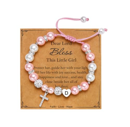 Initial A-Z Cross Bracelet for Girls, Baptism First Communion Confirmation Religious Christian Gifts for Daughter Godchild - color: Initial (D), size: Dear Lord