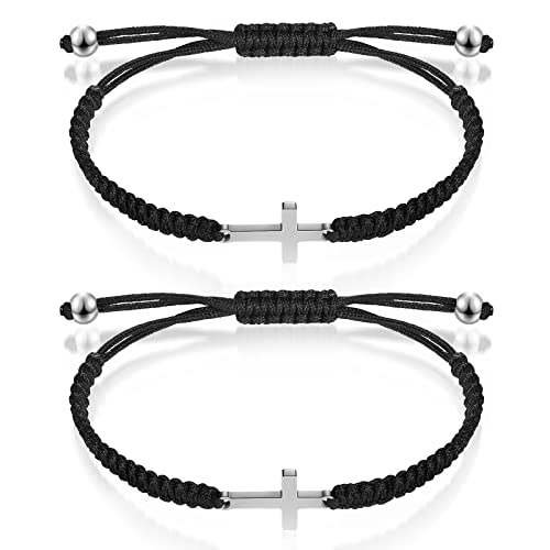 Sureio 2 Pcs Christian Cross Matching Bracelets for Women Men - color: Black