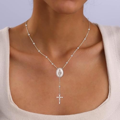 Sariel 925 Sterling Silver Rosary Necklace Bracelet for Women Virgin Mary Medallion with Cross Pendant Catholic Prayer Beaded Chain Religious Jewelry Gift (Necklace)