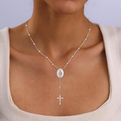 Sariel 925 Sterling Silver Rosary Necklace Bracelet for Women Virgin Mary Medallion with Cross Pendant Catholic Prayer Beaded Chain Religious Jewelry Gift (Necklace)