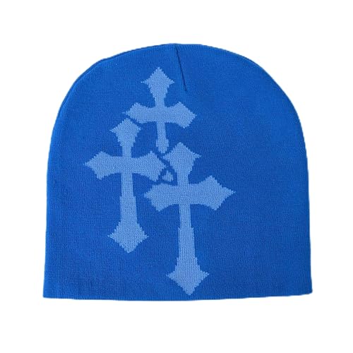 Fashion Knit Beanie with Cross Pattern Y2K Unisex Soft Jacquard Cap Popular Hip-Hop Cool Street Outdoor Sports Earflap Hat - color: Blue