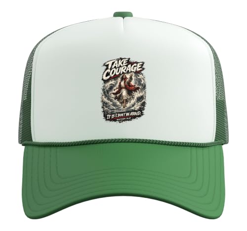 Take Courage It is I. Don't Be Afraid Bible Verse Art Trucker Hat with Adjustable Mesh Back - color: Kelly Green/White