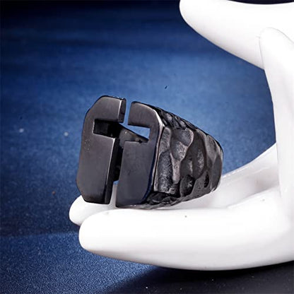 Men's Stainless Steel Ring Cutout Christian Cross Statement Signet Rings - color: black