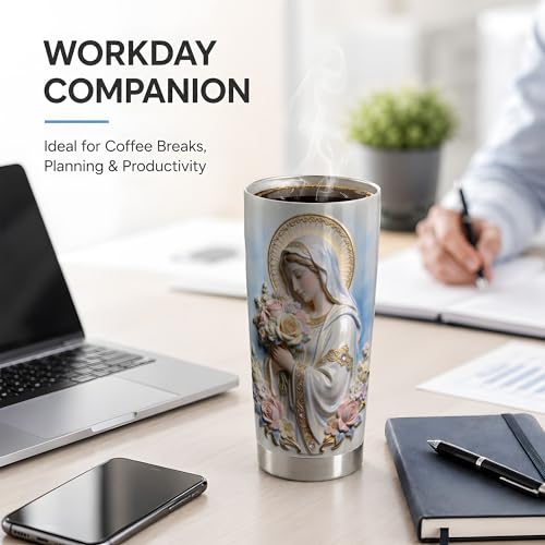 Virgin Mary Floral Bouquet Art 20oz Tumbler, Virgin Mary Tumbler for Daily Drinkware, Blue Halo Statue Illustration, Catholic Devotional Cup, Religious Design for Women Men Church Use - color: Virgin Mary 4