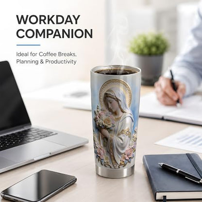 Virgin Mary Floral Bouquet Art 20oz Tumbler, Virgin Mary Tumbler for Daily Drinkware, Blue Halo Statue Illustration, Catholic Devotional Cup, Religious Design for Women Men Church Use - color: Virgin Mary 4