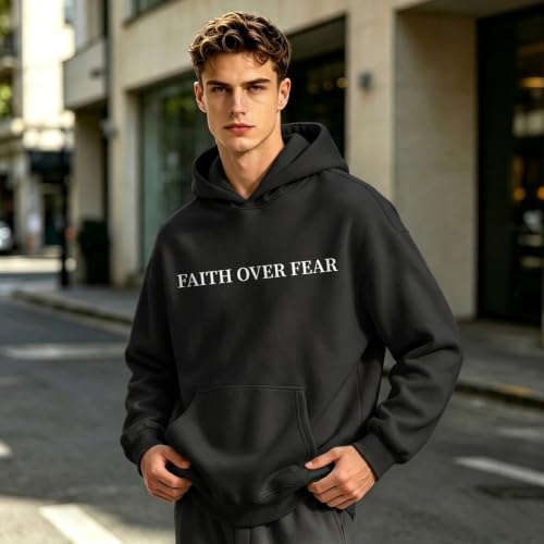 Faith Over Fear Christian Hoodies for Men Religious Jesus Hoodie Bible Verse Graphic Sweatshirt Fleece Pullover - color: Black, size: Medium