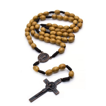 SZQCZB Wooden Rosary Beads Catholic for Men, Saint Benedict Medal and Cross - Comes in Gift Pouch and 18pcs Prayer Cards - color: Light Brown
