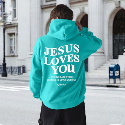 Christian Jesus Loves You Hoodies for Teen Religious Faith Sweatshirts Bible Verse Graphic Youth Hoodie - color: Blue Green, size: XX-Large