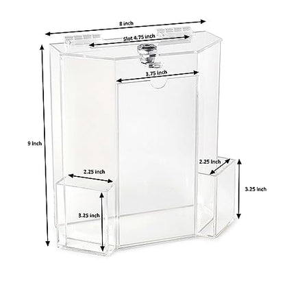 MCB Donation Collection Office Suggestion Acrylic Ballot Box 9 x 8 inch with Display area of 8 x 3.75 inch comes with 2 business card size pockets and lock with set of keys (Black) - color: Black