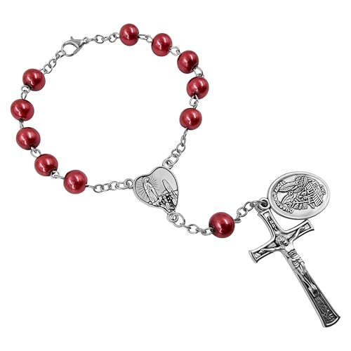 TALISMAN4U St. Michael Guardian Angel Medal Rosary for Car Rearview Mirror - color: Red Rosary Beads