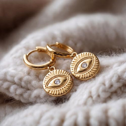 VACRONA Gold Heart Hoop Earrings Huggie Earrings for Women 14k Gold Plated Small Hoops Earrings - color: cz evil eye