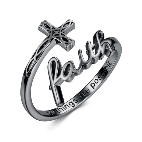 Cross Rings Faith Ring 925 Sterling Silver Adjustable Cross Wrap Ring Christian Fashion Band for Women - color: C-Black Gold
