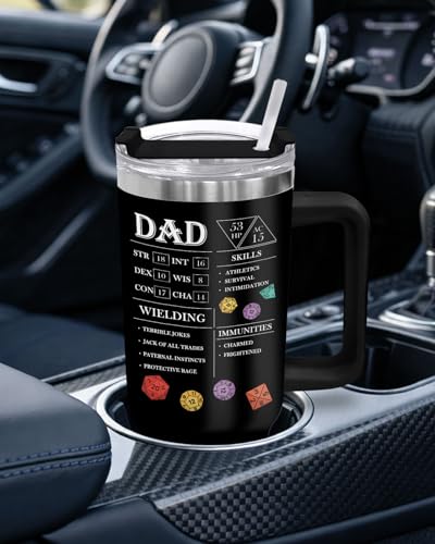 34HD Dad Dungeon Daddy DND 40 oz Tumbler with Handle, Funny Dad Gift - color: Dungeon Dice Daddy