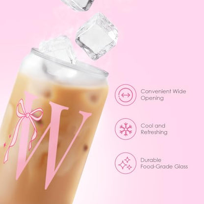 SANDJEST Monogrammed Glass Drinking Can Cup with Acrylic Lid and Straw, Personalized Frosted Iced Coffee Tumbler 16oz, Monogram Initial Gifts for Women Girls on Birthday (W) - color: W