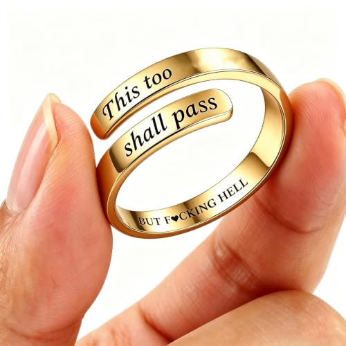 Faith Over Fear Cross Inspirational Rings for Women Daughter, Christian Blessed Hope Love Encouragement Rings Adjustable Open Tiny Purity Wrap Thumb Cross Ring Jewelry Graduation Cocktail Party - color: This Too Shall Pass Gold