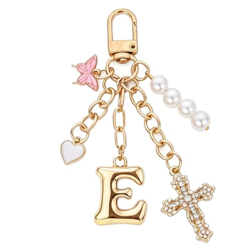 Cross Bag Charms Keychain - Butterflies Keyring Initial Purse Charm - color: Gold E