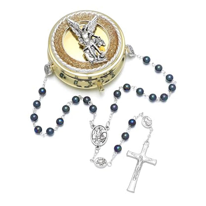 KOMI 6mm Glass Pearl Rosary Beads Catholic for Women with Metal Rosary Box Religious Gifts - style: St Michael-black