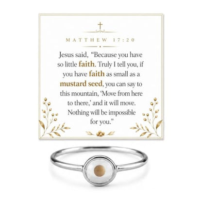 Mustard Seed Ring for Women Christian Faith Jewelry Silver Tone Adjustable Open Ring Inspirational Bible Verse Gift with Message Card - color: A5:size10