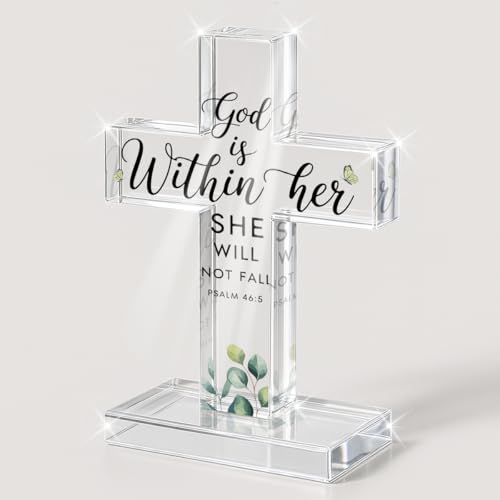 PVOPVO Inspirational Christian Religious Cross Decor Gifts Spiritual Baptism Gifts for Women Faith Psalm 46:5 Bible Verse Decor for Home Prayer Room Office Shelf God is Within Her Crosses - color: god8