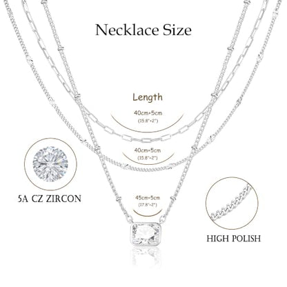 3PCS Gold Silver Layered Necklaces for Women Trendy - color: Silver&Square