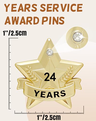 Years of Service Pins, Gold Star Pin for 1-30 Year Work Anniversary, Long Standing Employee Recognition Award Star Pins for Staff, Team & Volunteers - style: 24 Years