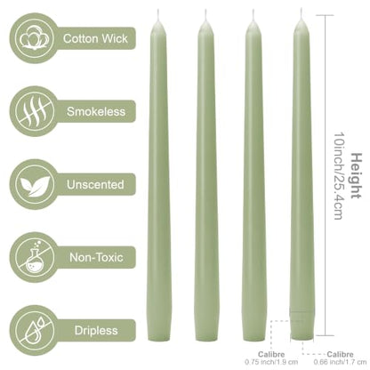 Sage Green Taper Candles - 10 Inch Dripless Smokeless Candlesticks 12 Pack Unscented Tapered Candle Paraffin Wax Long Slow Burning Tall Candle Sticks for Dinner St. Patrick's Day - color: 12-sage green, size: 12 Pcs