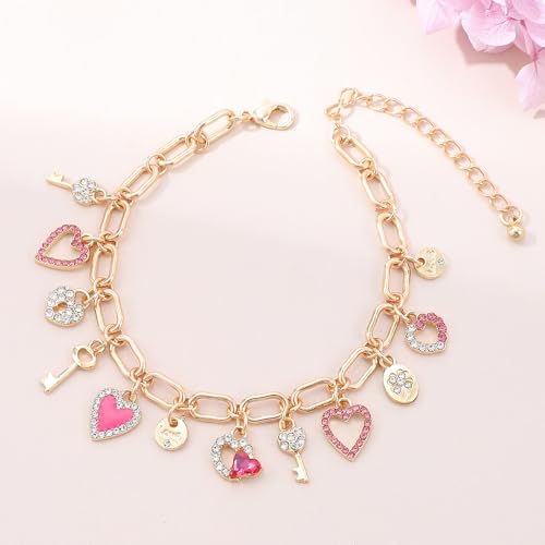 Boho Cute Gold Charm Link Bracelet for Women Starfish Clover Cross Star Lock Key Heart Pearl Charm Bracelets Vacation Spring Summer Santa Claus Reindeer Christmas Party Jewelry Gifts for Womens - style: Red Heart