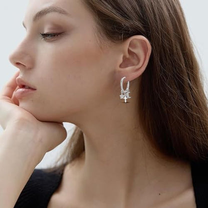 Hapour 925 Sterling Silver Earrings Small Star Moon Cross Snake Bone Cute Drop Dangle Earrings with Cubic Zirconia Unique Jewelry Gift for Women