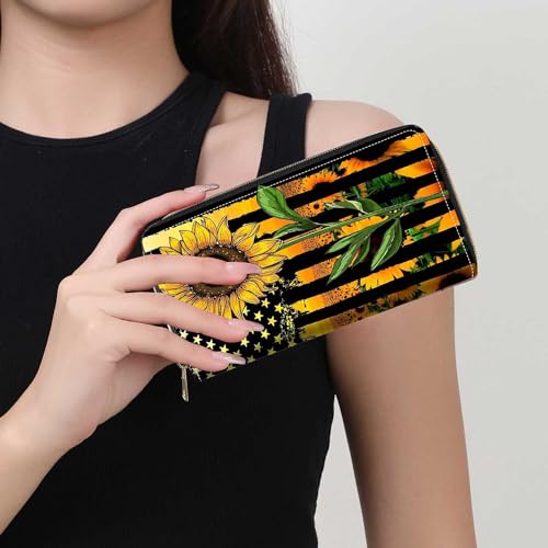 American Flag Sunflower Print Wallet for Women Large Capacity Wallet Credit Card Holder PU Leather Zipper Clutch Purse Phone Wallet - color: American Flag Sunflower