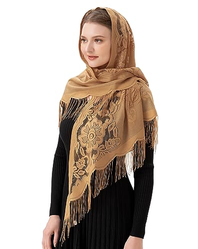 PAMOR Triangle Catholic Church Veil Chapel Veil Scarf Mantilla Veils Wrap Shawl Mass Head Covering with Fringe Trim - color: Beige