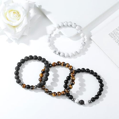 Mens Beaded Bracelets, 8MM Beaded Bracelets for Men, Natural Tiger Eye Bead Bracelet, Stretch Elastic Beads Bracelets for Men - color: 4 volcanic yellow white black